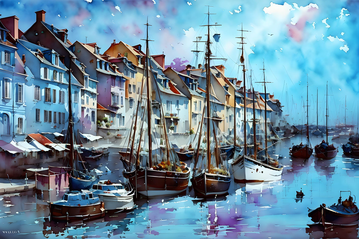 Vibrant painting of historic harbor with European buildings and sailboats