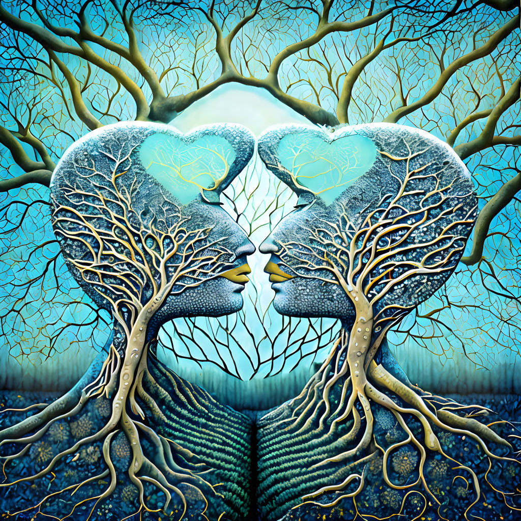 Symmetrical artwork of tree-like faces with heart-shaped branches on blue backdrop