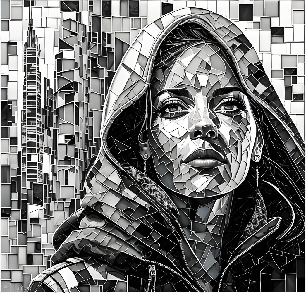 Monochrome mosaic artwork featuring hooded woman with urban skyline integration