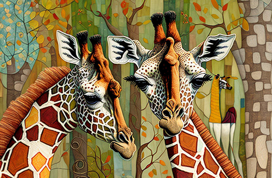 Stylized giraffes with intricate fur patterns in colorful abstract forest.