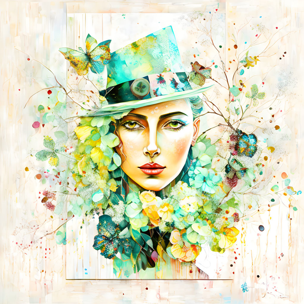 Digital Art: Woman's face with flowers, leaves, butterflies, and top hat