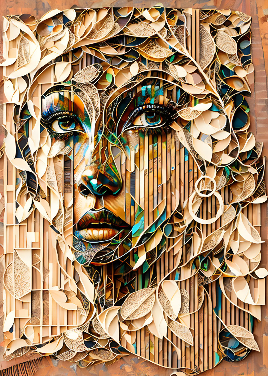 Colorful 3D artwork of woman's face with exaggerated eyes and leafy motif