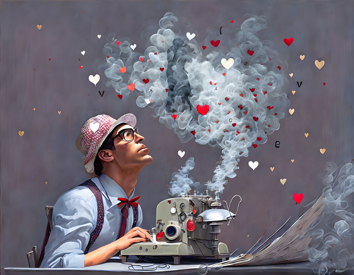 Vintage Attired Man Typing on Old-Fashioned Typewriter with Whimsical Smoke and Hearts