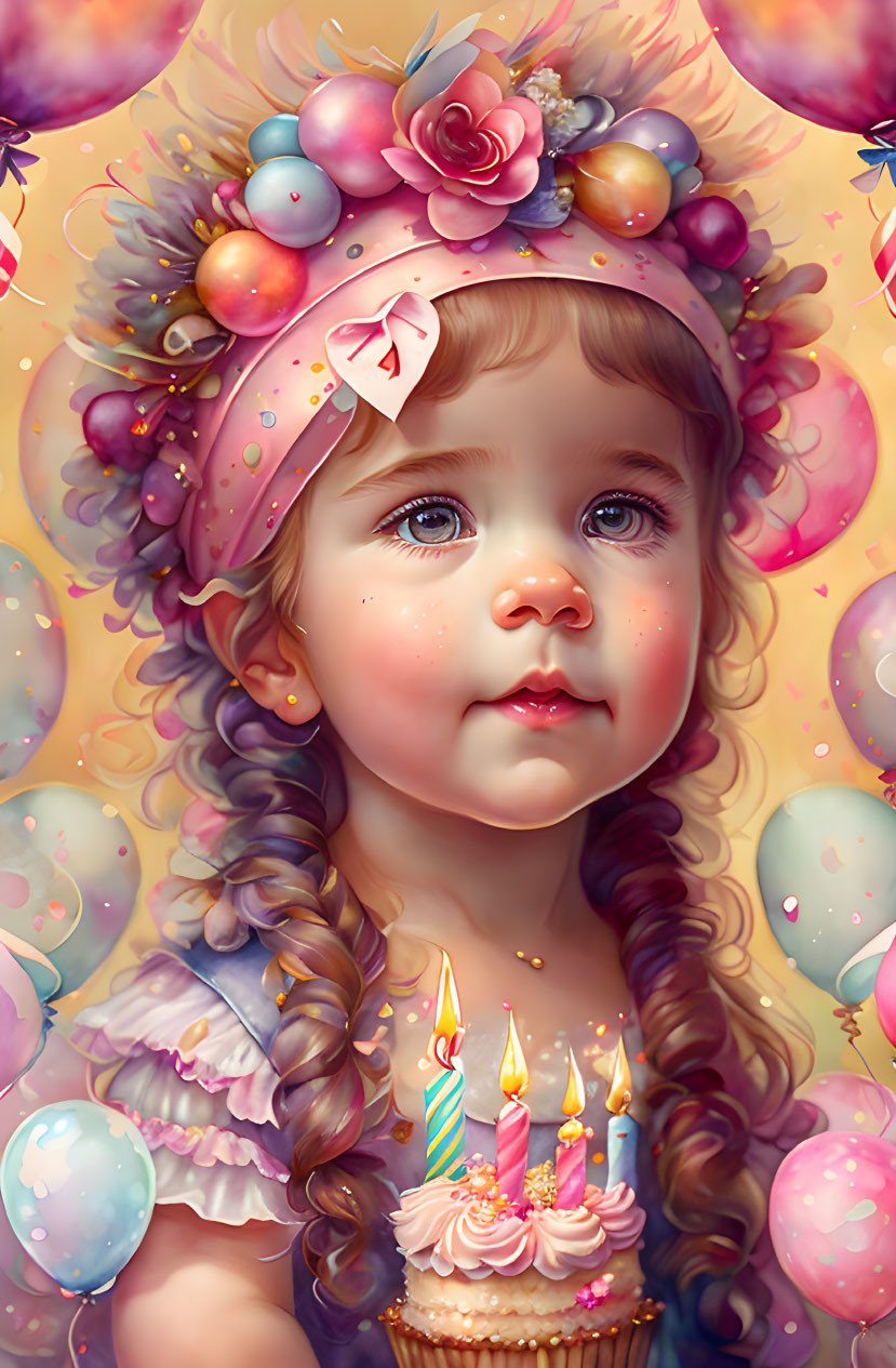 Young girl with braided hair and cupcake surrounded by colorful balloons