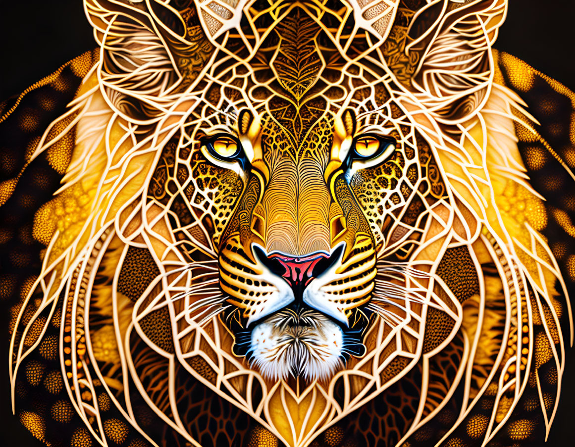 Detailed Tiger Artwork with Golden Patterns on Dark Background