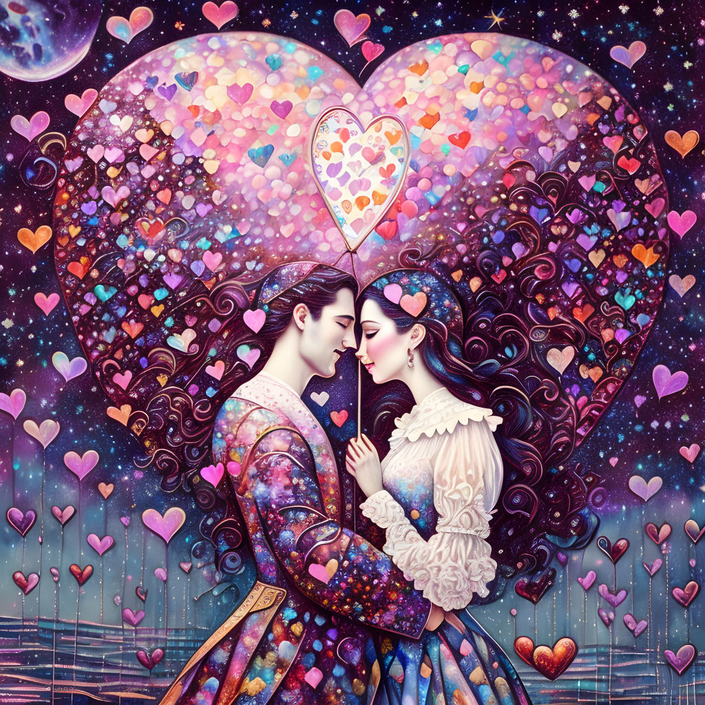 Romantic couple embracing in cosmic heart-shaped background