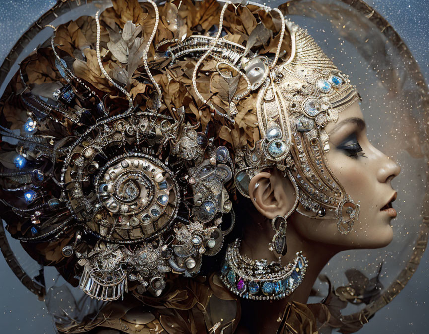 Profile portrait with elaborate metallic headgear and decorative elements on speckled backdrop