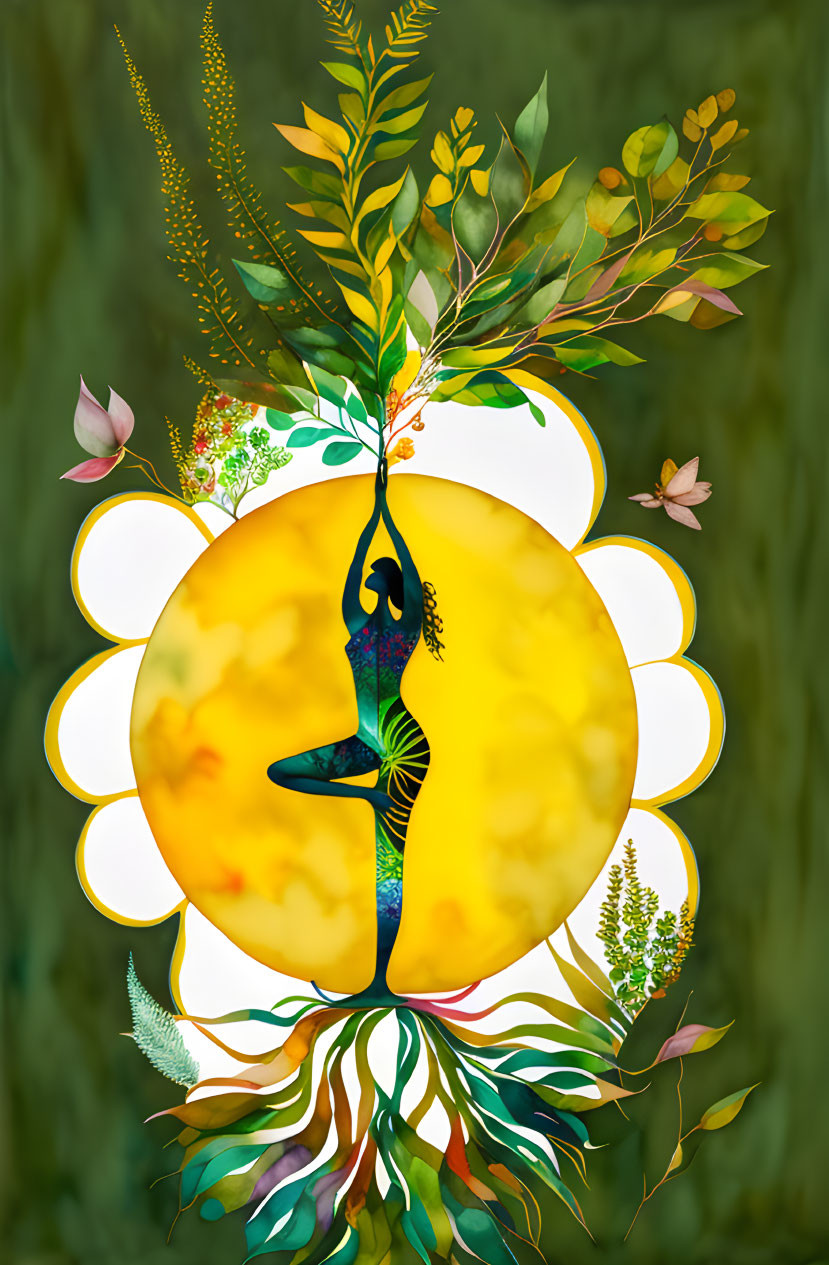 Vibrant yoga pose illustration with plant elements on yellow background