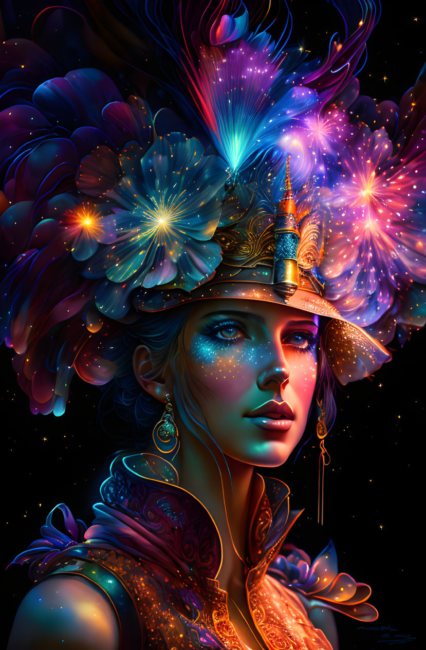 Cosmic-themed digital portrait of a woman with glowing flowers and unicorn horn