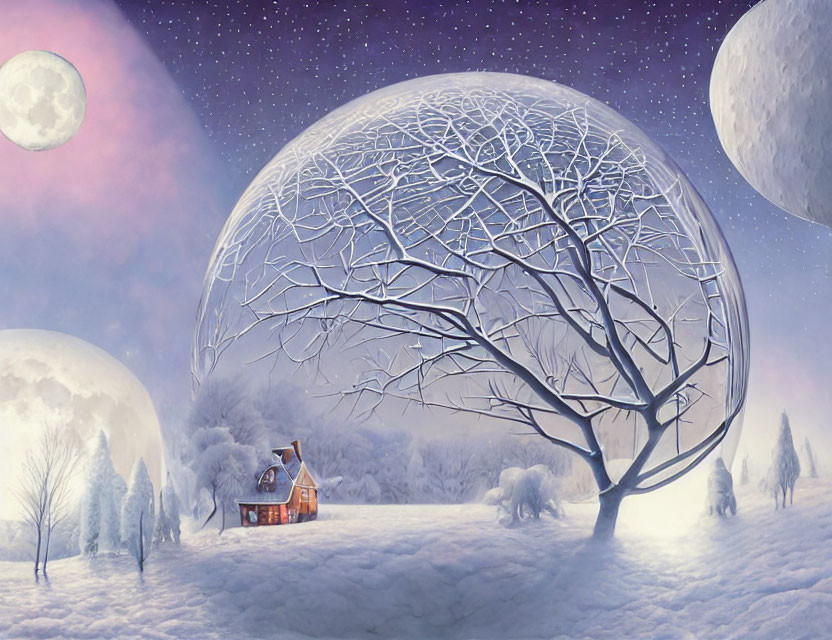 Spherical tree in dreamy winter landscape with cozy house and multiple moons