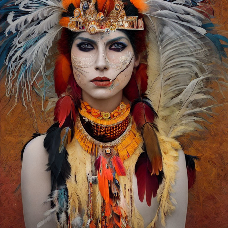 Detailed Tribal Makeup and Headdress with Feathers, Beads, and Vibrant Colors