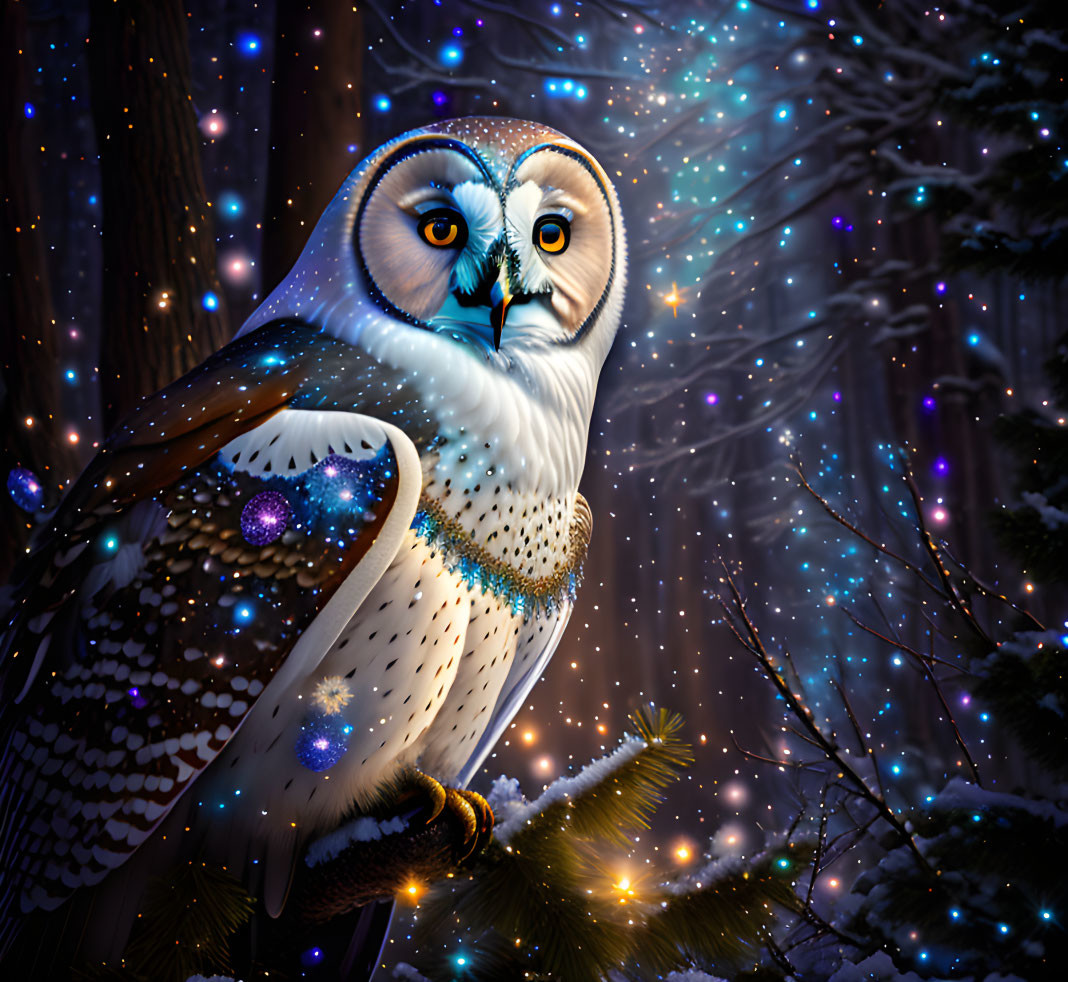 Snowy owl perched in starlit forest with twinkling lights