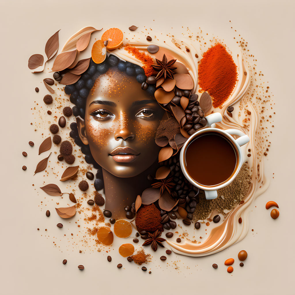 Woman's face creatively merged with coffee beans, spices, and cup.