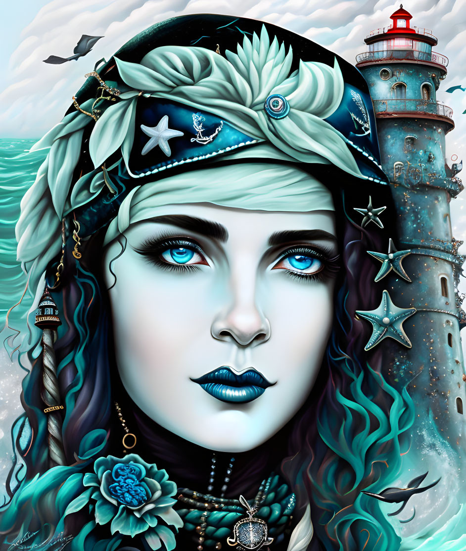 Stylized portrait of a woman with blue tones and marine theme