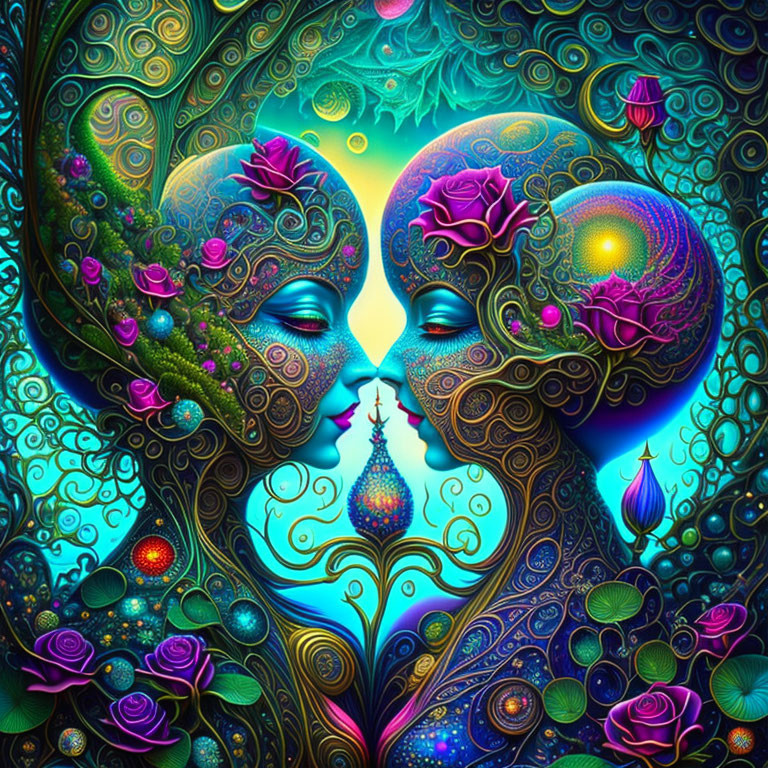 Psychedelic artwork of two faces with floral patterns on colorful background