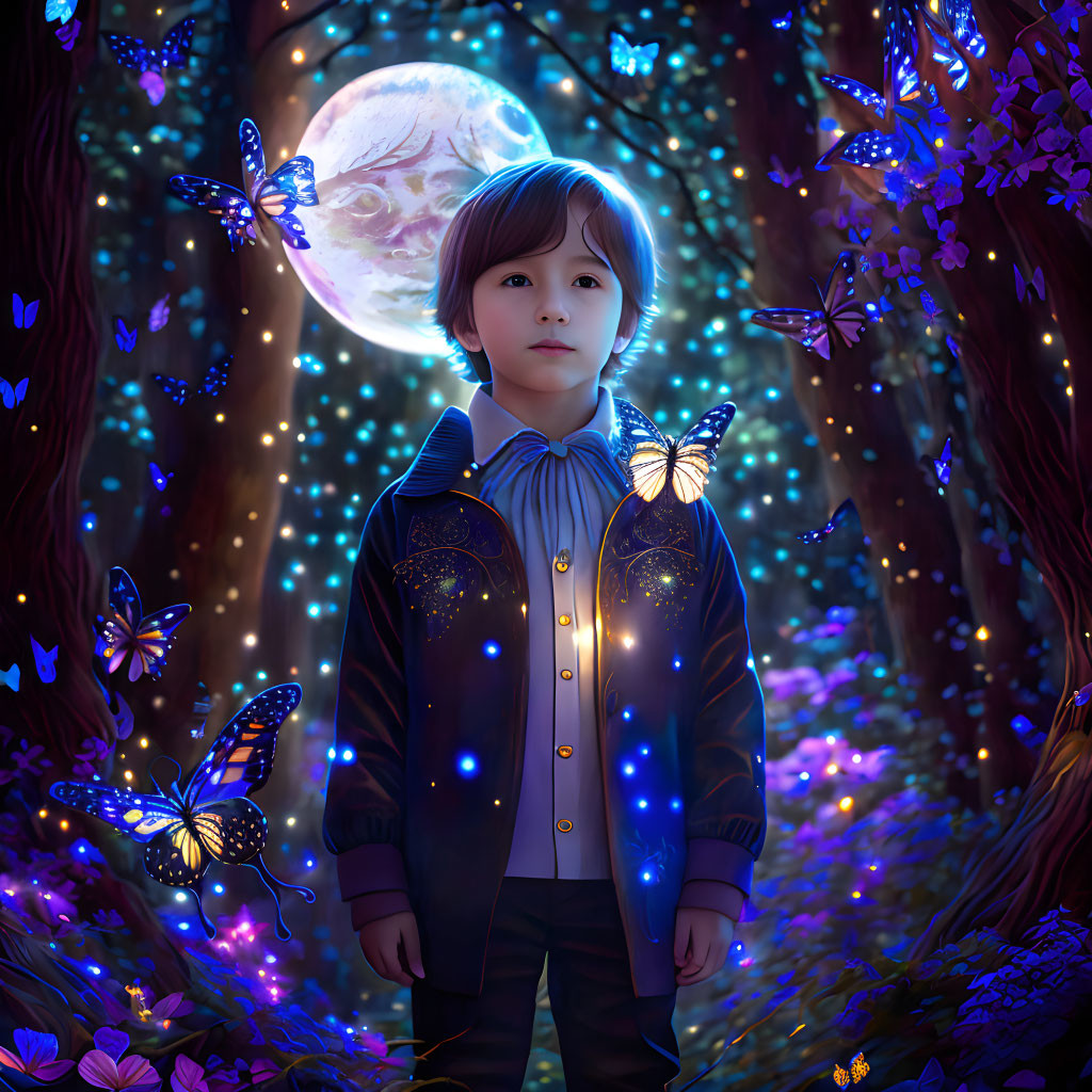 Child in mystical forest under full moon with glowing butterflies and luminescent flora