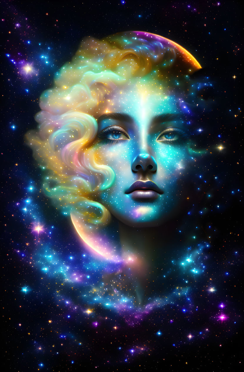 Surreal portrait blending woman's face with cosmic background