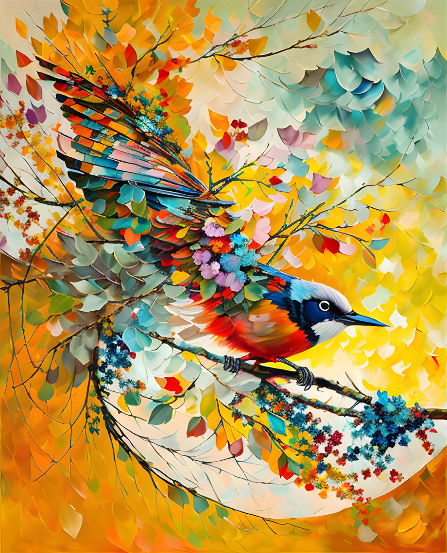 Colorful Bird Illustration with Leaf Wings perched on Autumn Branch