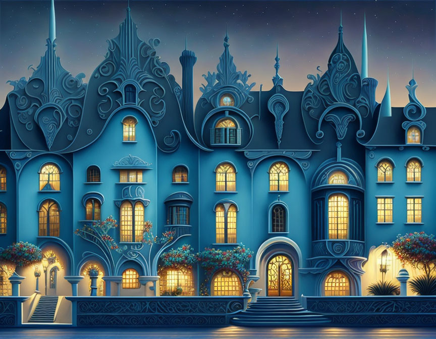 Fantastical blue castle illustration with glowing windows at night