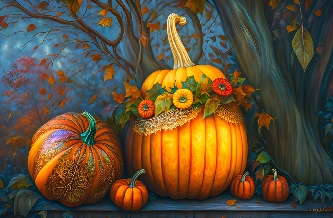 Ornate Pumpkins in Autumn Forest Setting