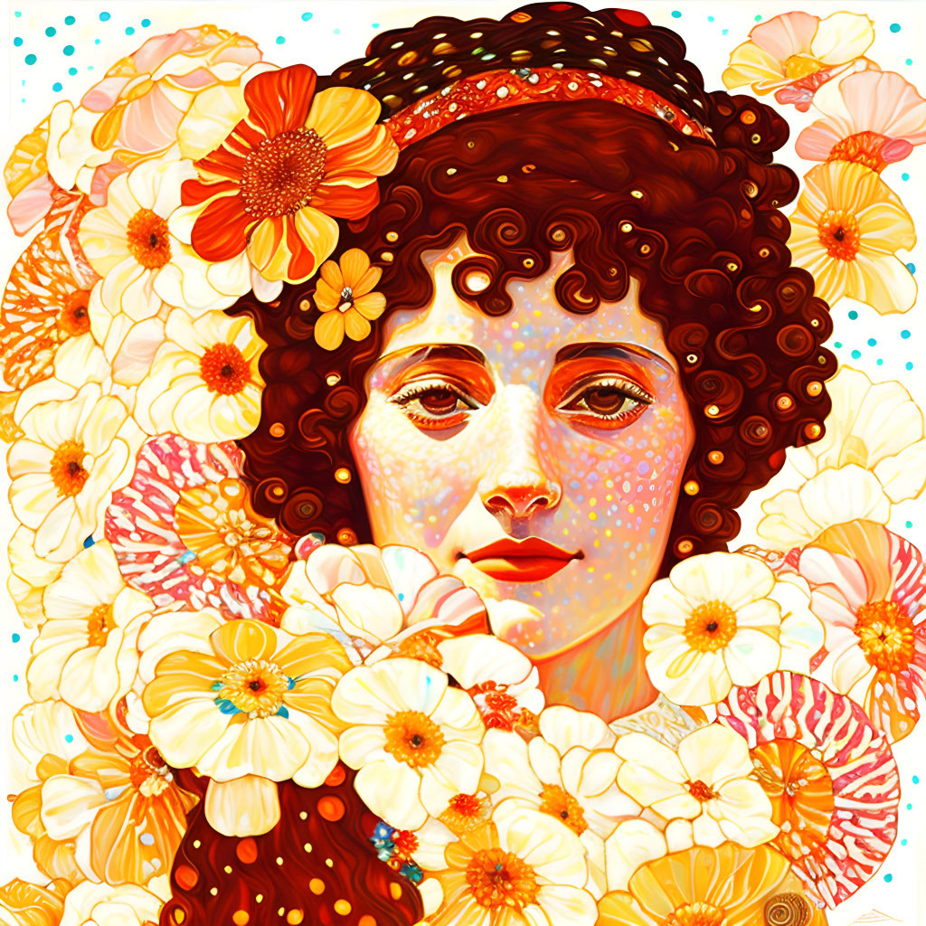 Colorful Illustration: Woman with Red Hair and Flowers on Dotted Background