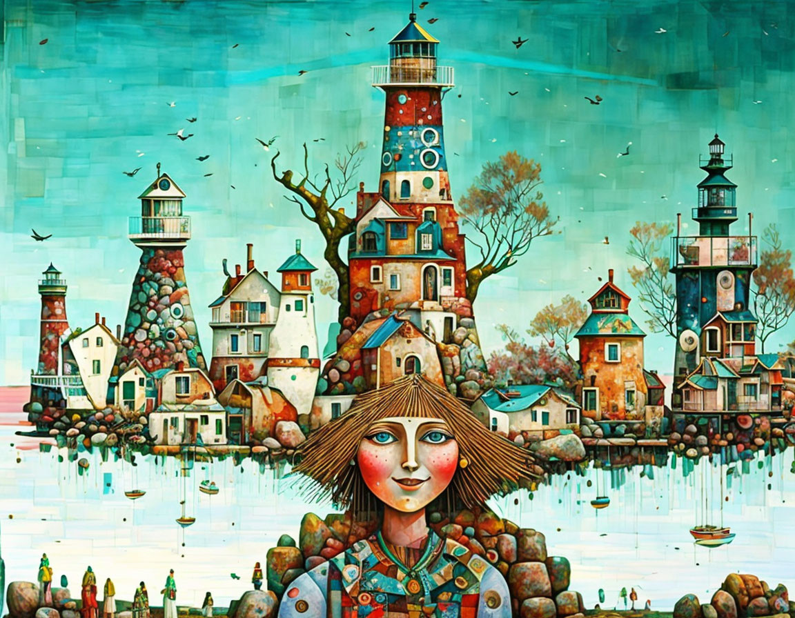 Whimsical painting of woman's face in colorful village by the sea