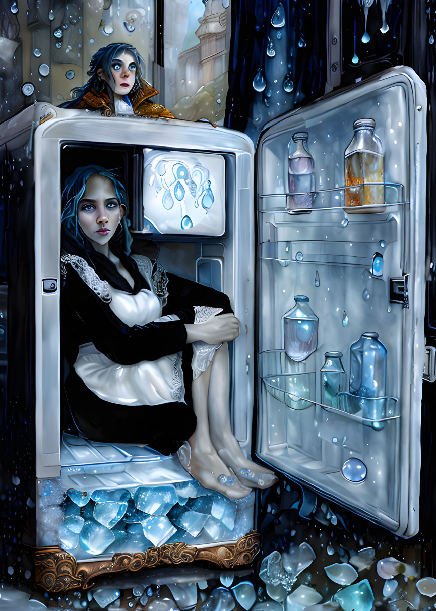 Surreal artwork: Two women, one in fridge with ice, other by window surrounded by water