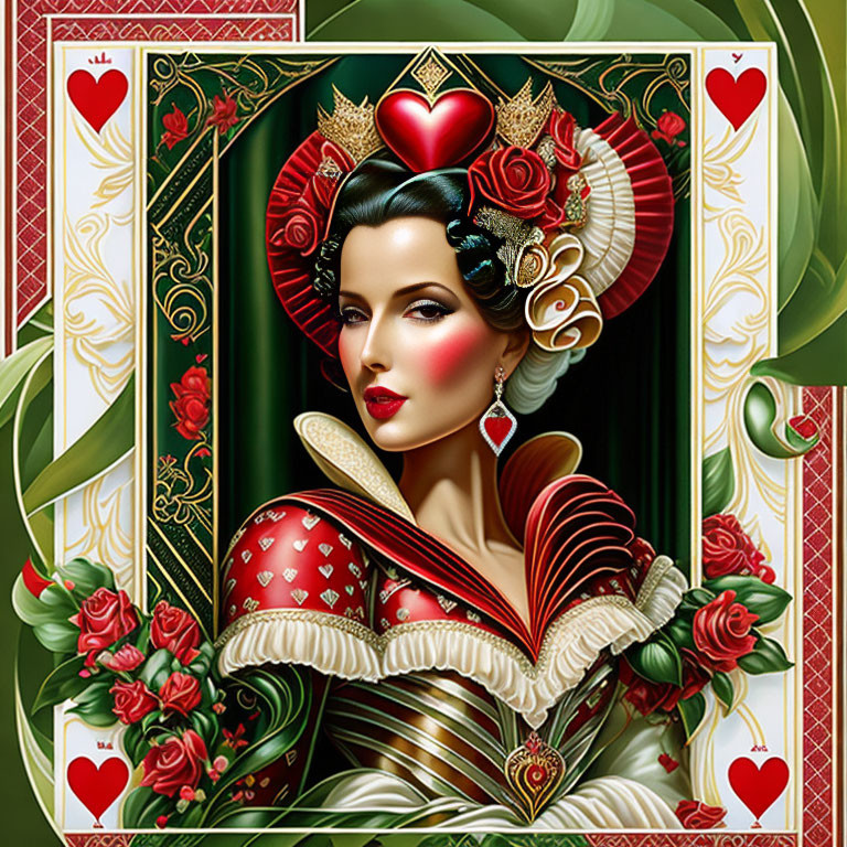 Illustrated Queen of Hearts Playing Card with Elegant Woman, Crown, Heart Motifs, and Rose Border