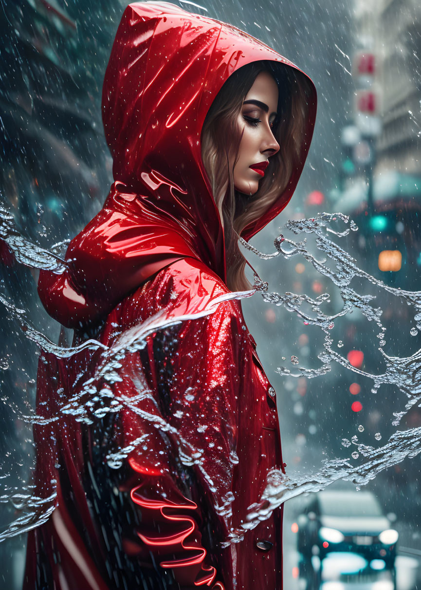 Woman in Red Cloak Standing in Snowfall with City Background