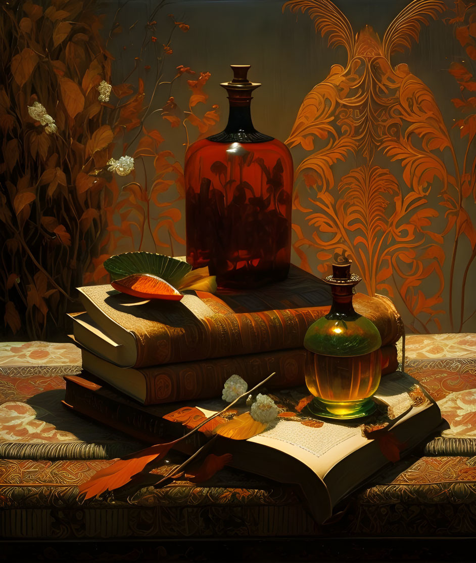 Classic still-life with open book, quill, inkwell, stacked books, bottle, and dry