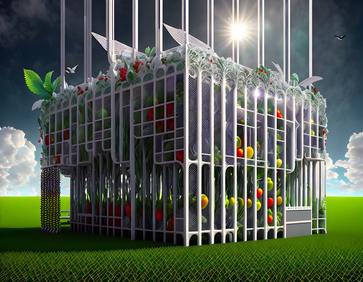 Colorful fruits and vegetables in birdcage under sunny sky