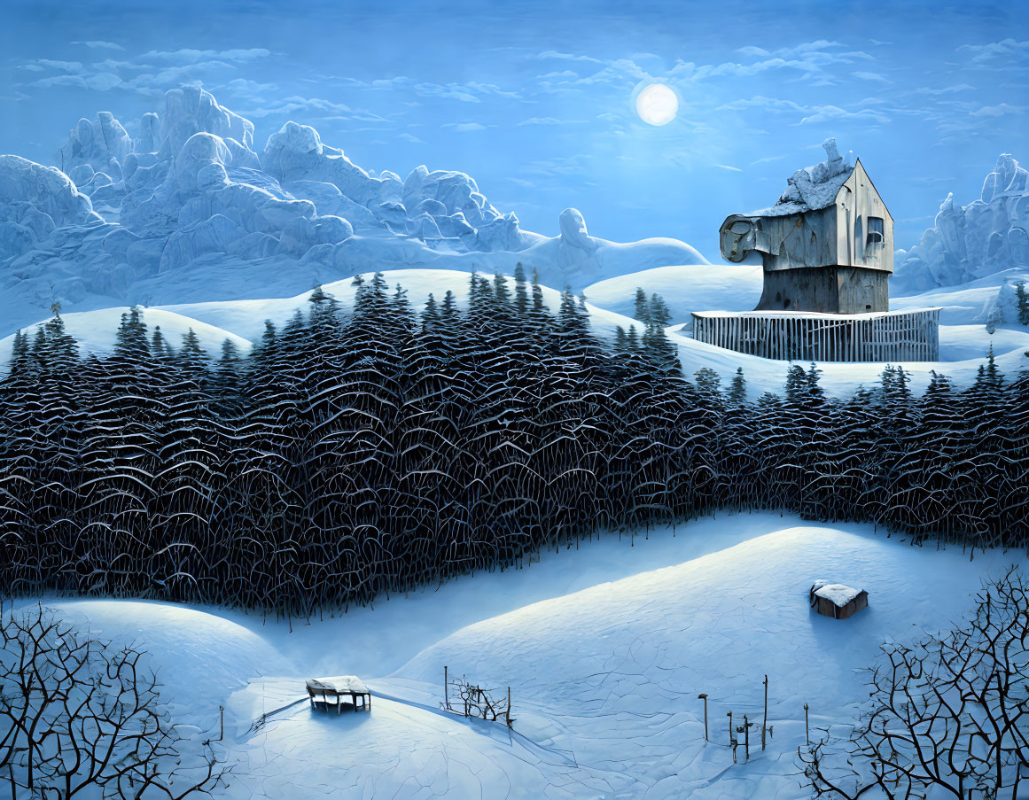 Winter night scene: snow-covered cabin, full moon, bus on snowy road