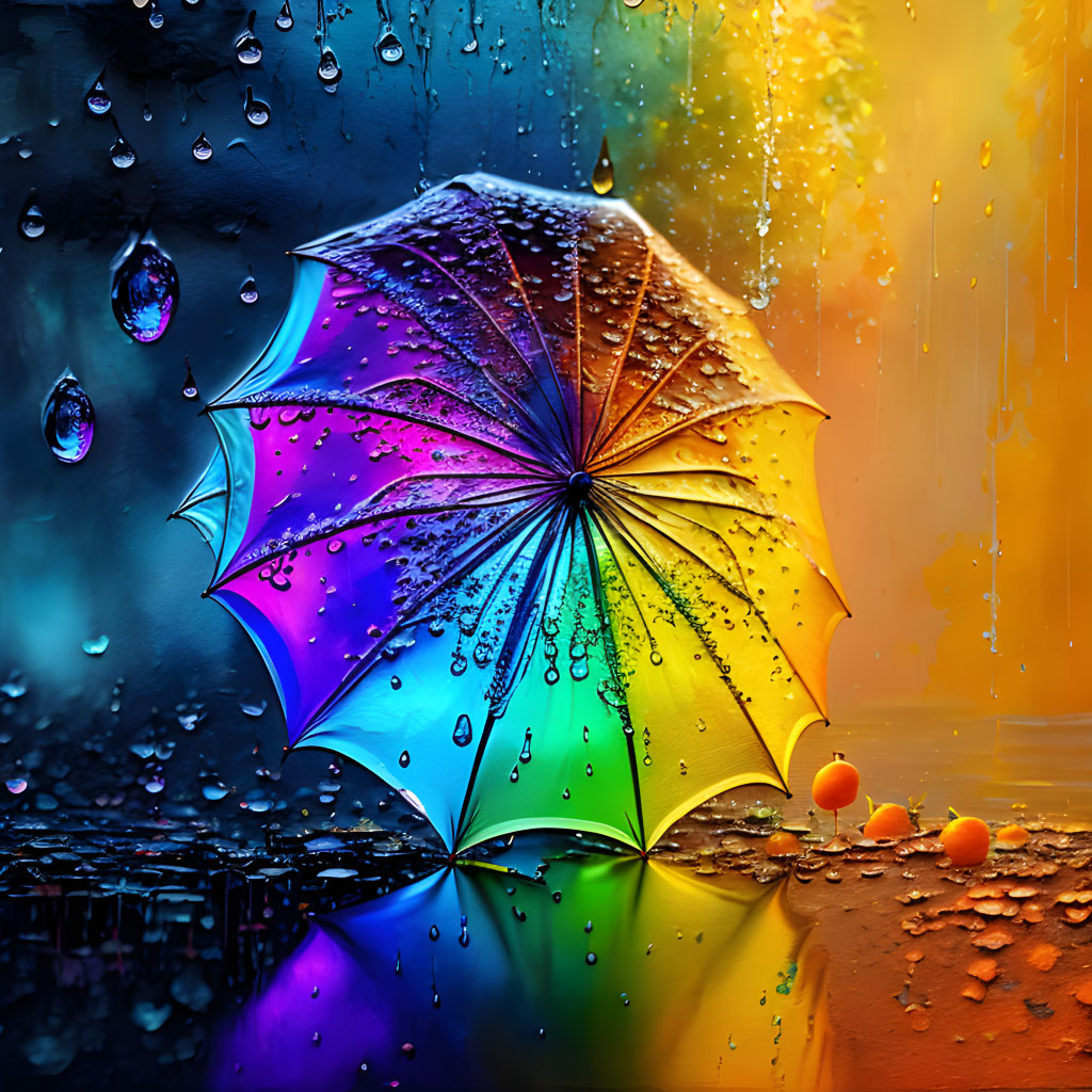 Colorful umbrella with water droplets on rain-streaked glass background