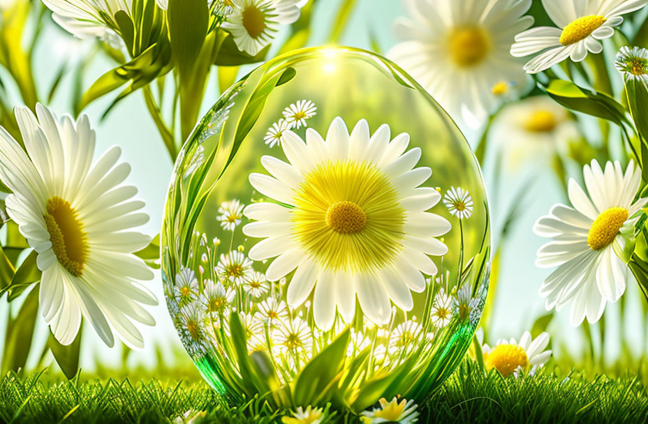 Translucent bubble reflecting white daisies on vibrant background