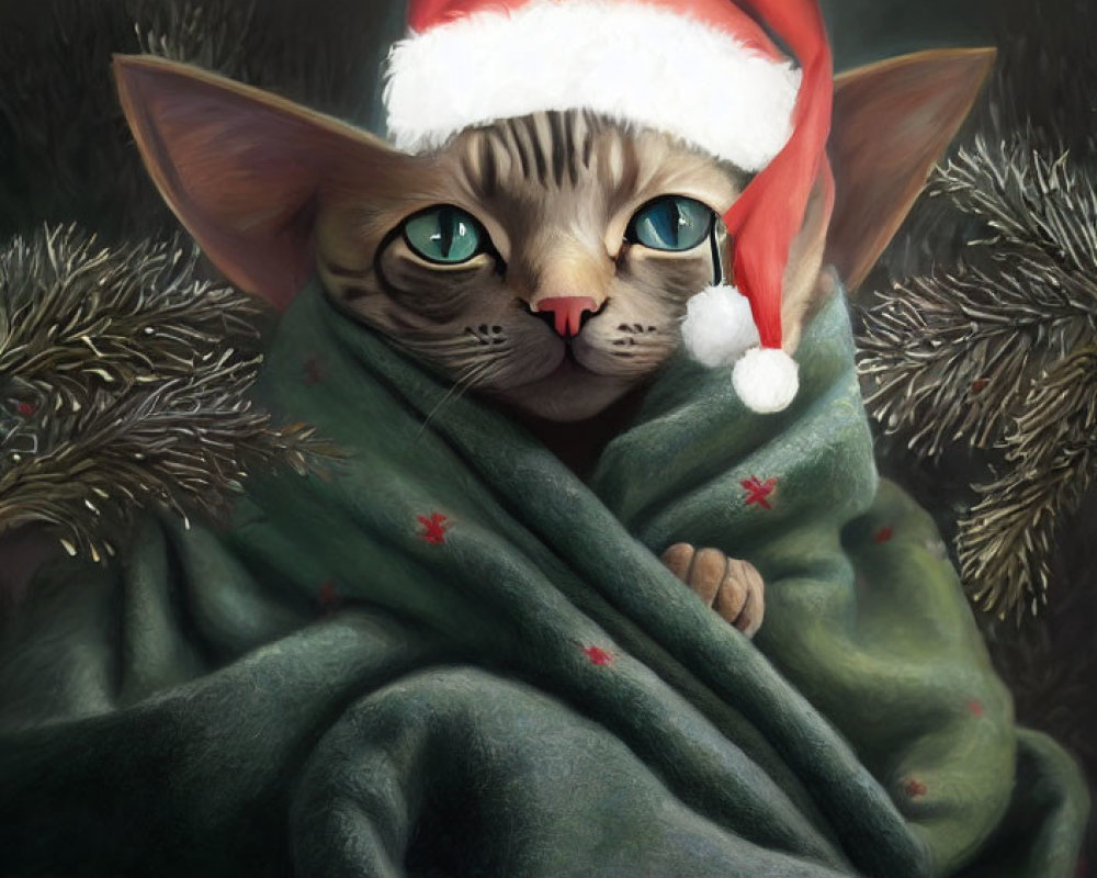 Cute Cat in Santa Hat with Green Eyes and Blanket