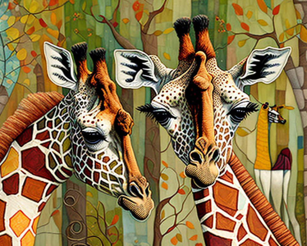 Stylized giraffes with intricate fur patterns in colorful abstract forest.