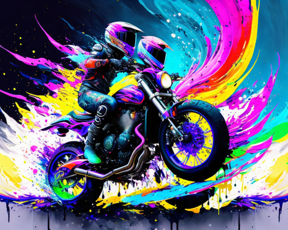 Colorful Motorcycle Riders Artwork on Dark Background