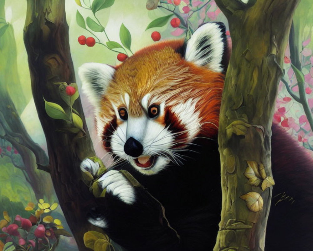 Colorful Painting of Red Panda in Forest Setting