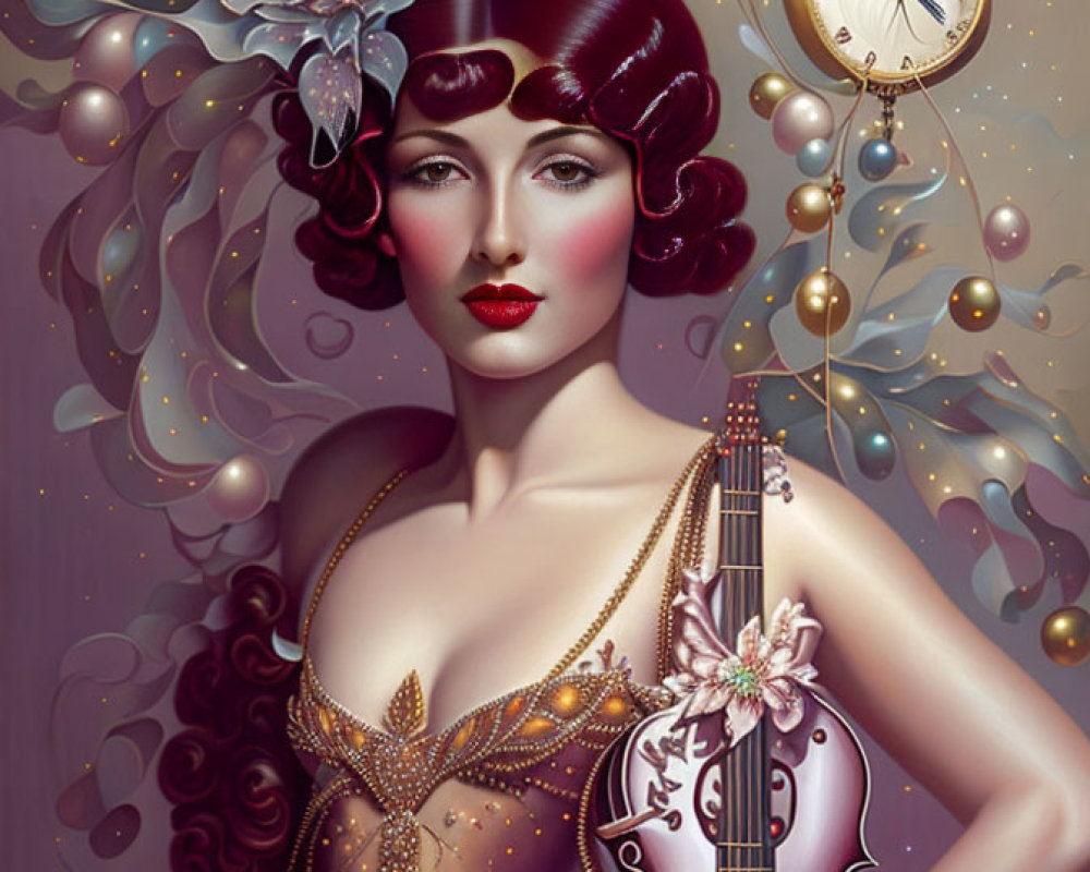 Vintage-style surreal art: Woman with violin body, clock, and floral motifs