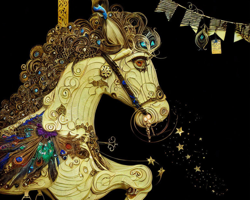 Intricate golden carousel horse with swirling patterns on dark background