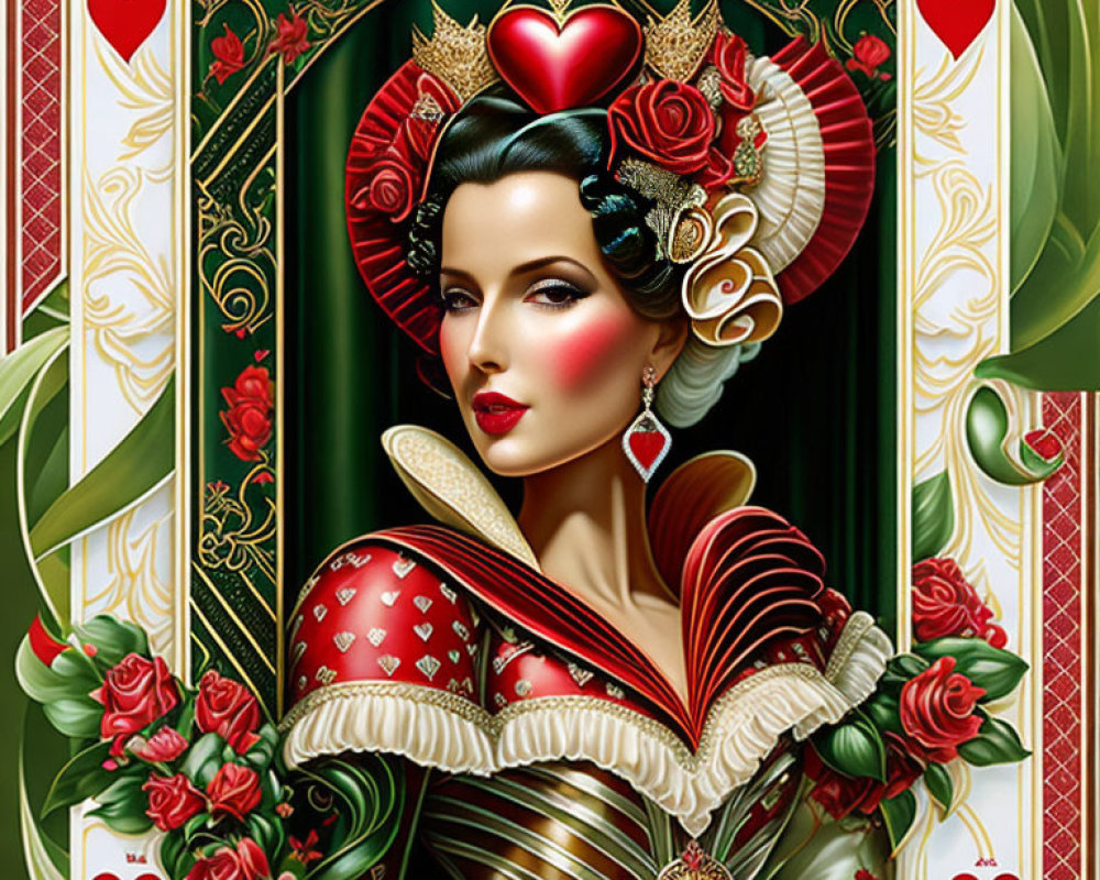 Illustrated Queen of Hearts Playing Card with Elegant Woman, Crown, Heart Motifs, and Rose Border