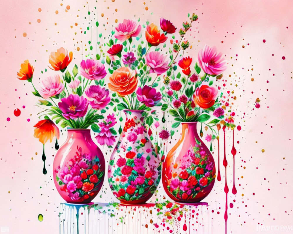 Colorful Flowers in Vibrant Vases on Pink Background with Paint Splatters