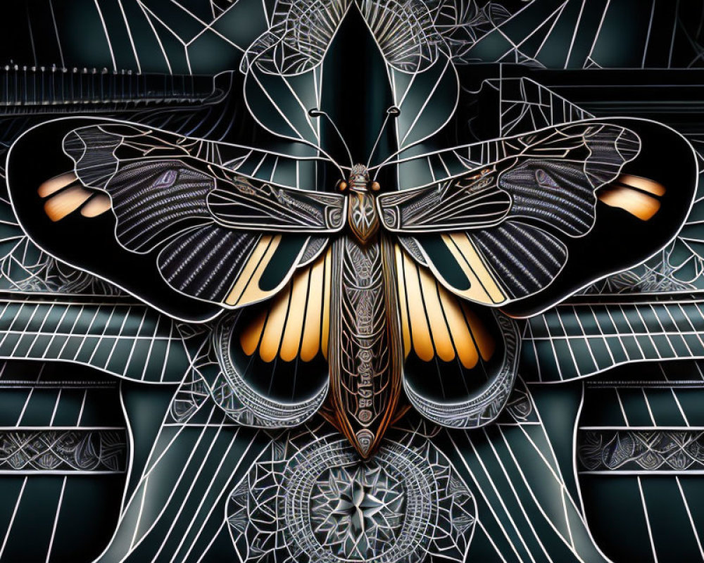 Stylized butterfly digital art with metallic colors on abstract background