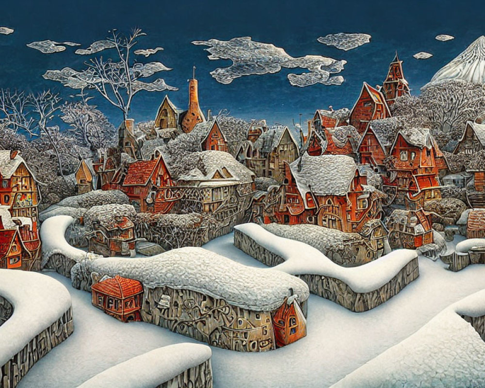 Snowy village scene with stylized houses, winding paths, and distant mountain under cloudy sky.