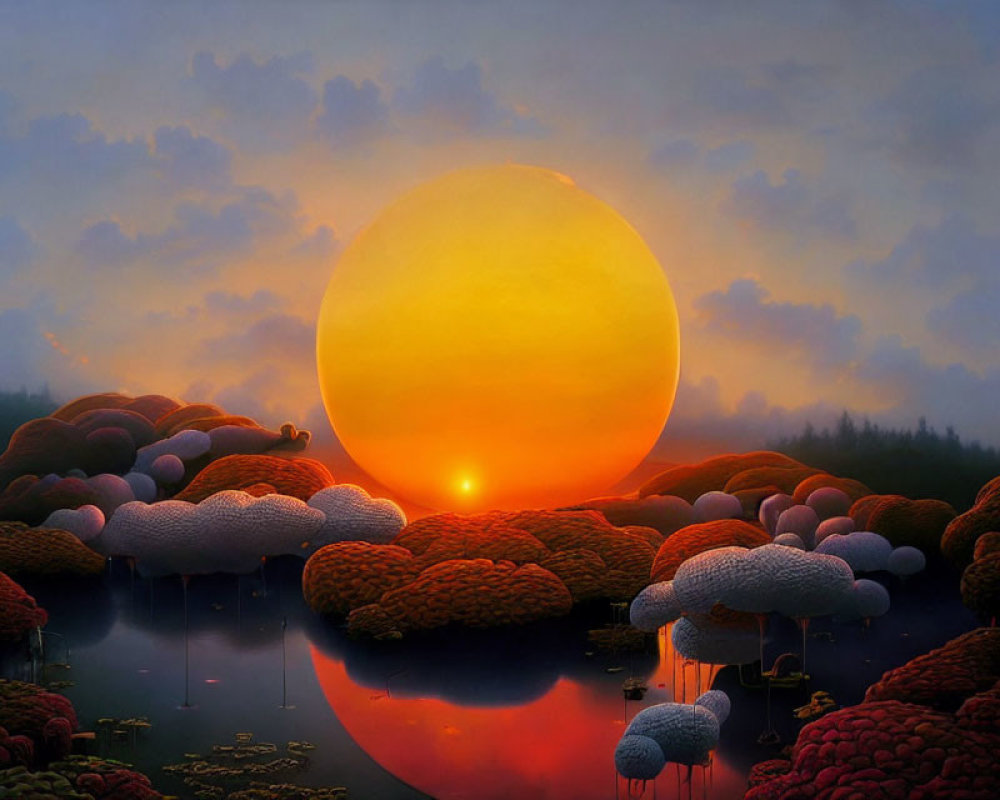 Surreal landscape painting with oversized red and white trees under a glowing orange sun.