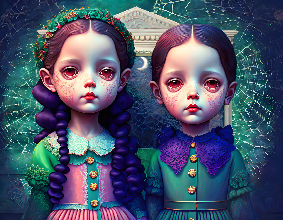 Stylized children in Victorian attire against cracked glass background