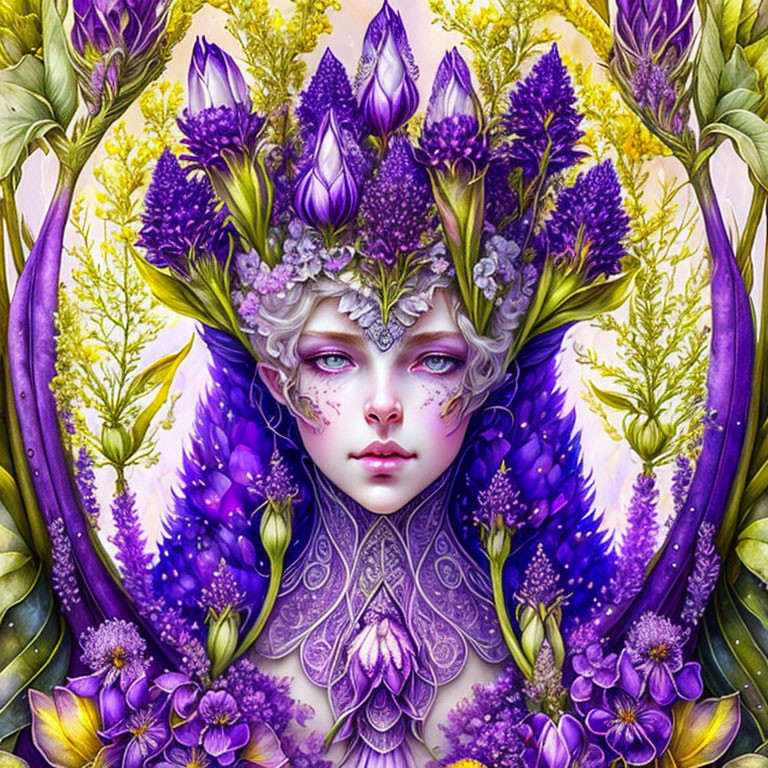 Fantasy artwork featuring woman with purple and yellow floral motifs