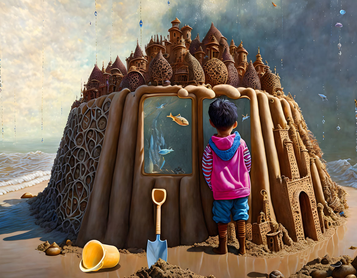 Child in Striped Hoodie Admiring Sandcastle with Fish Window amid Rain