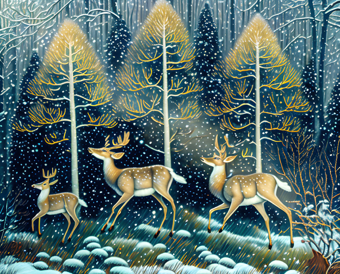 Winter scene: Three deer in snowy forest with bare trees and golden leaves.