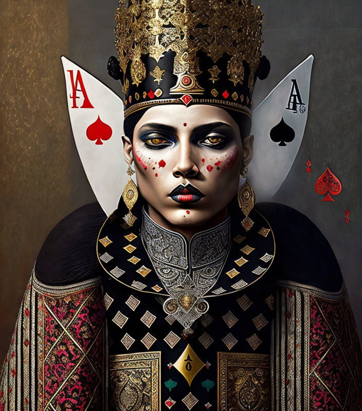 Artistic makeup resembling Queen of Spades with crown, patterned garment, and playing card accessories